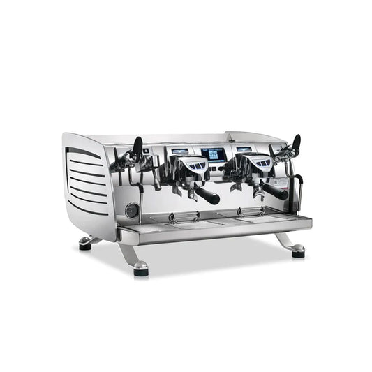 Victoria Arduino Black Eagle Gravitech 2 group commercial espresso machine in stainless steel with dual portafilters and digital displays