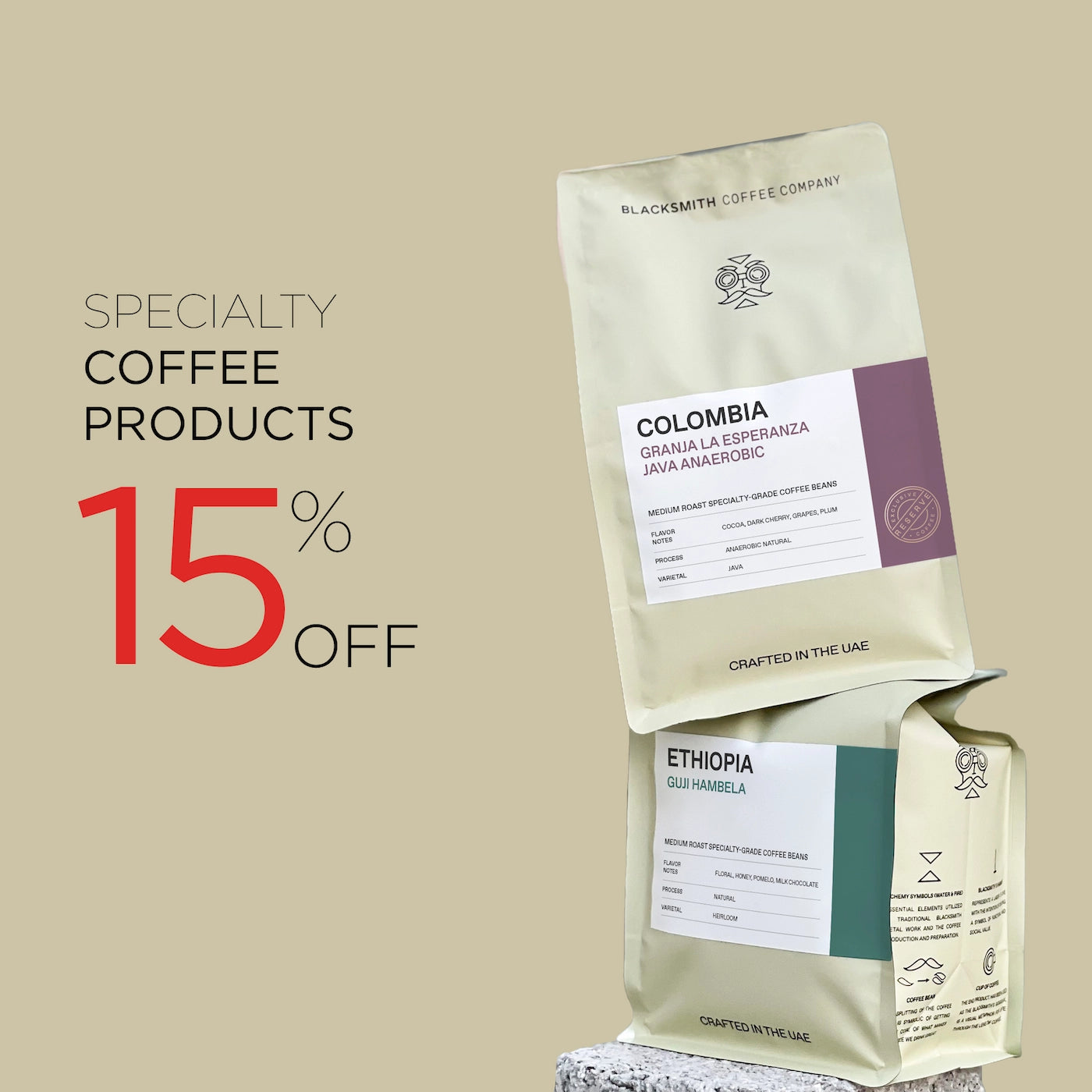 Blacksmith Coffee Company specialty coffee bags – Colombia and Ethiopia varieties.
