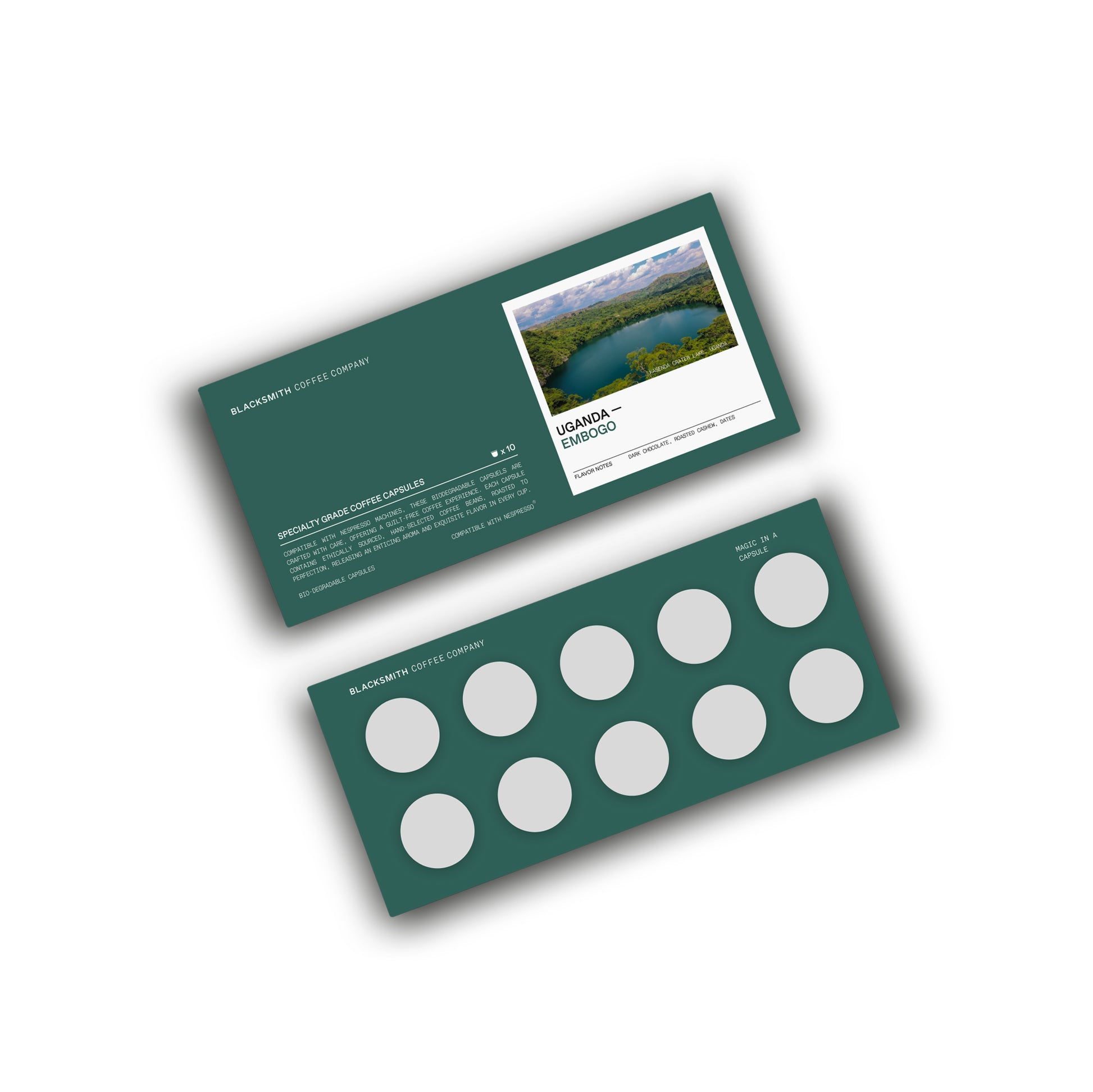 Packaging of Uganda Embogo coffee capsules with scenic landscape and product details on a green background